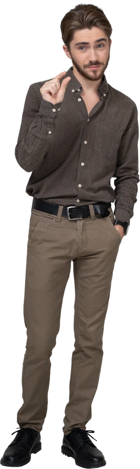 Front view of a young man in office clothing showing size of something