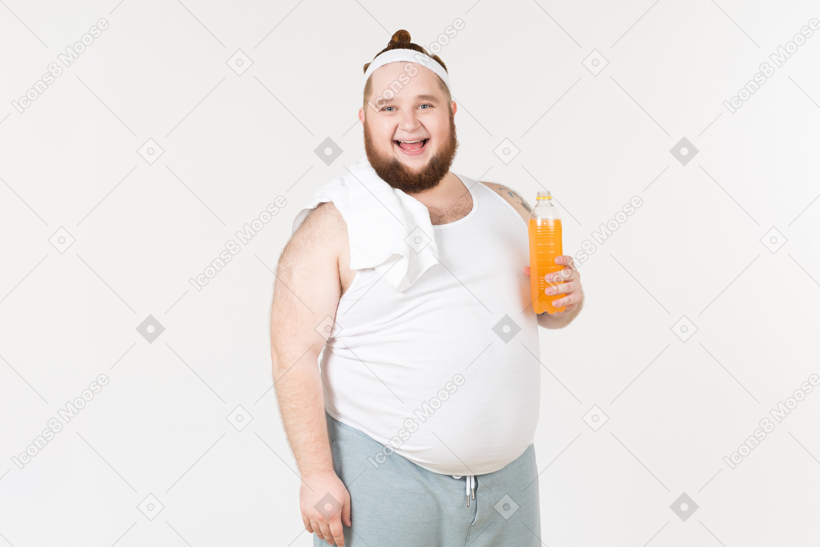 A fat man in sportswear holding a bottle of soft drink and smiling