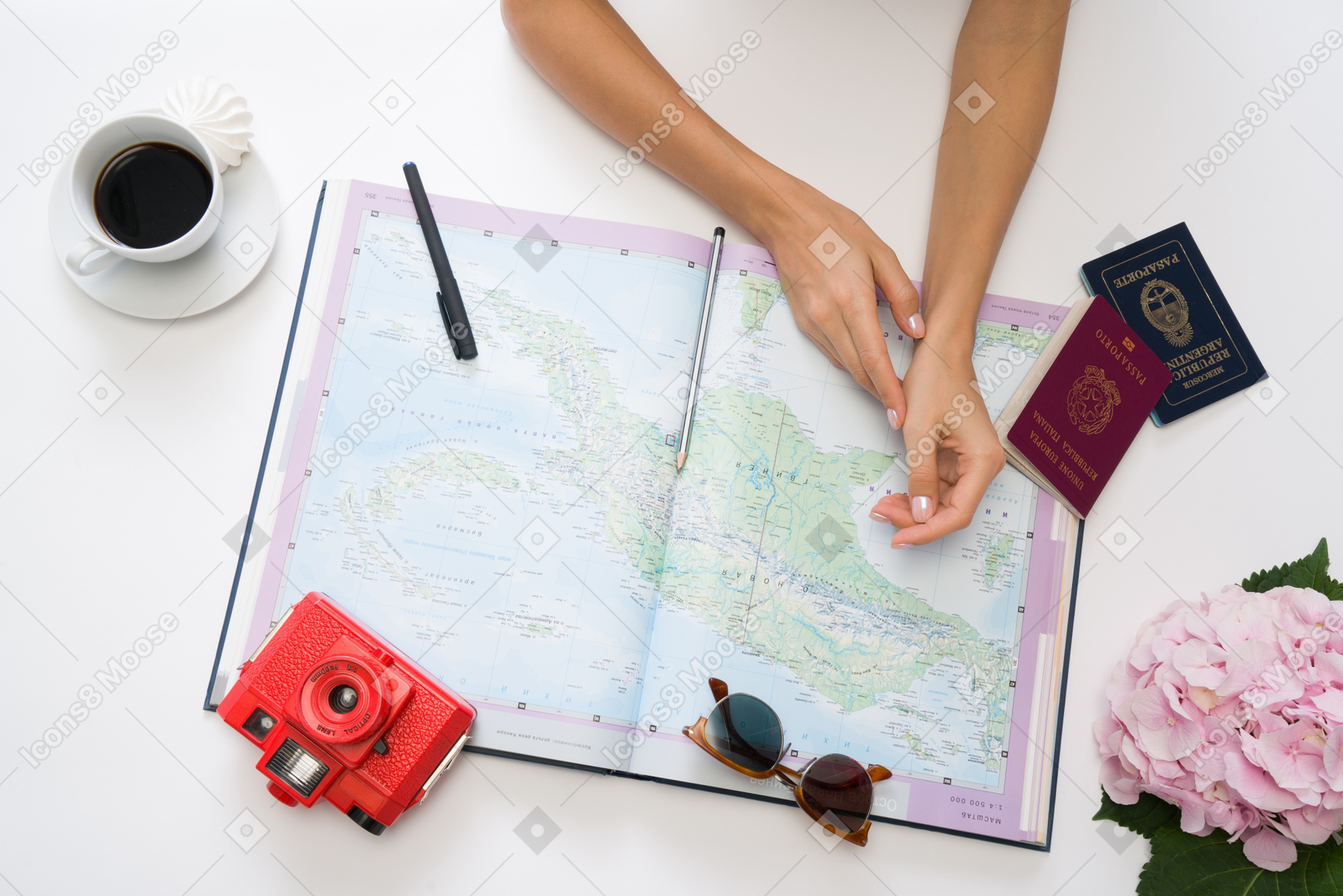 Female hands next to map, red camera, cup of coffee, passports and sunglasses