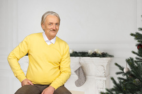 Hombre mayor sentado cerca del árbol de navidad