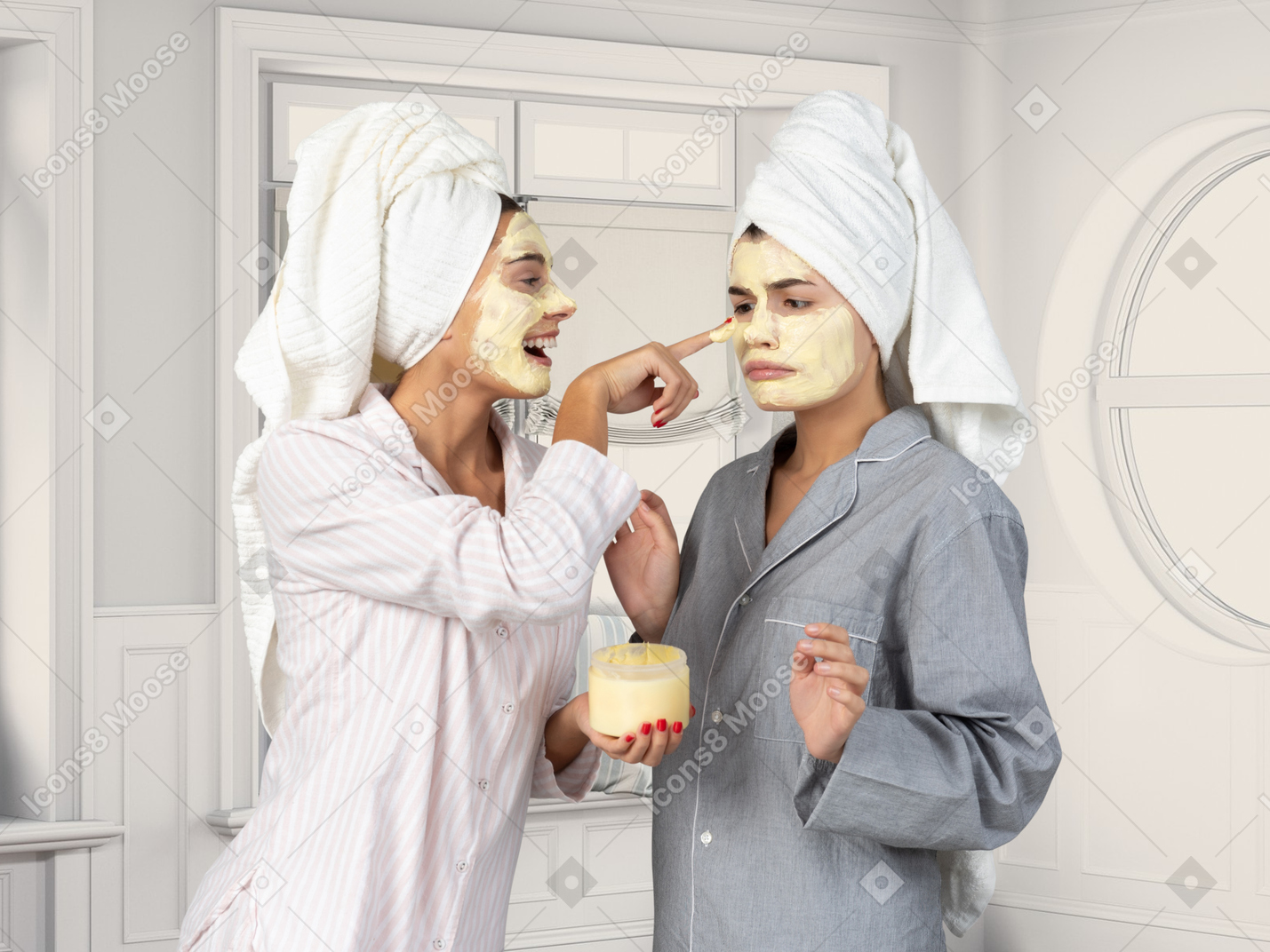A young woman applying skin care face mask on another woman