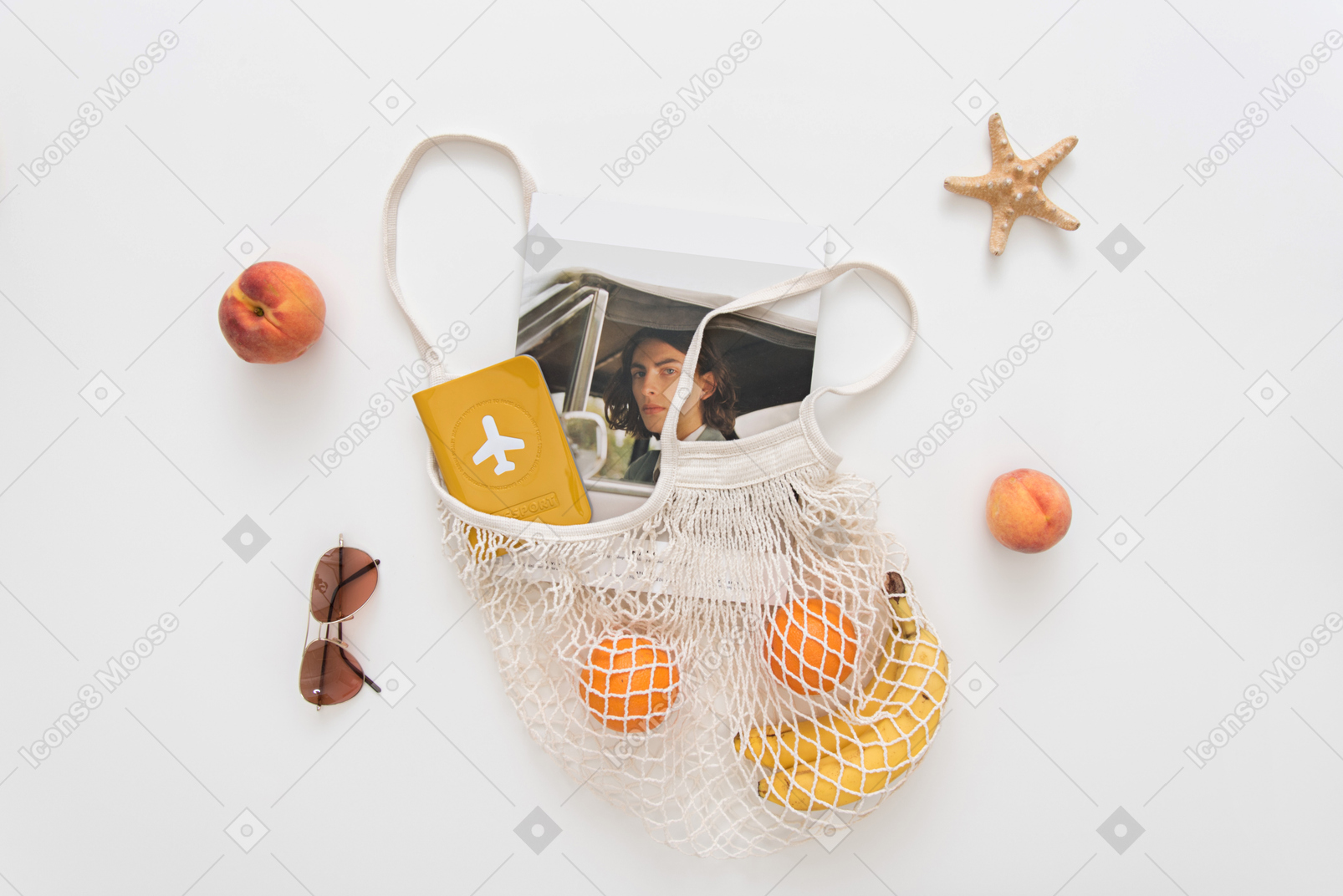 Avoska with fruits, passport cover, magazine and sunglasses