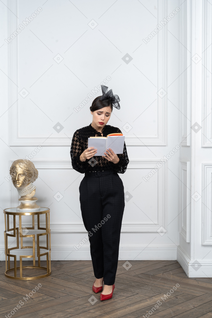 Sad young woman in heels reading