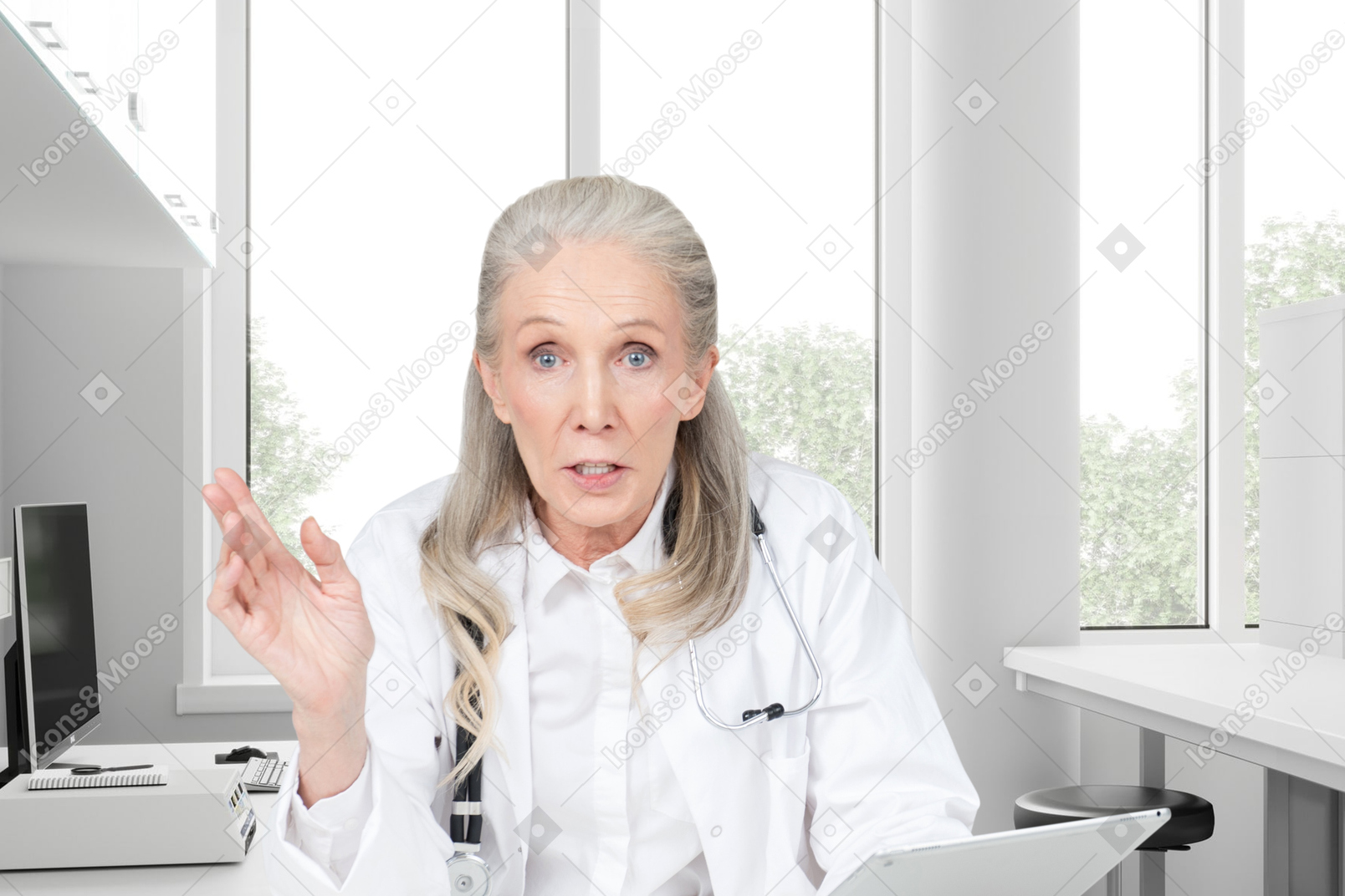 A woman in a white lab coat sitting at a desk with a laptop