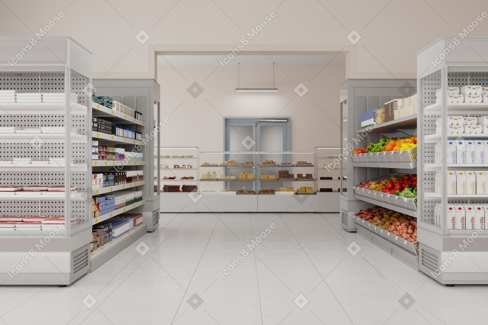 Supermarket stands filled with goods