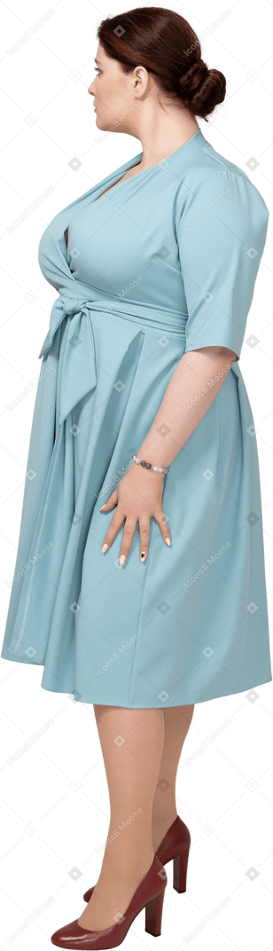 Женщина в синем платье стоит в профиль