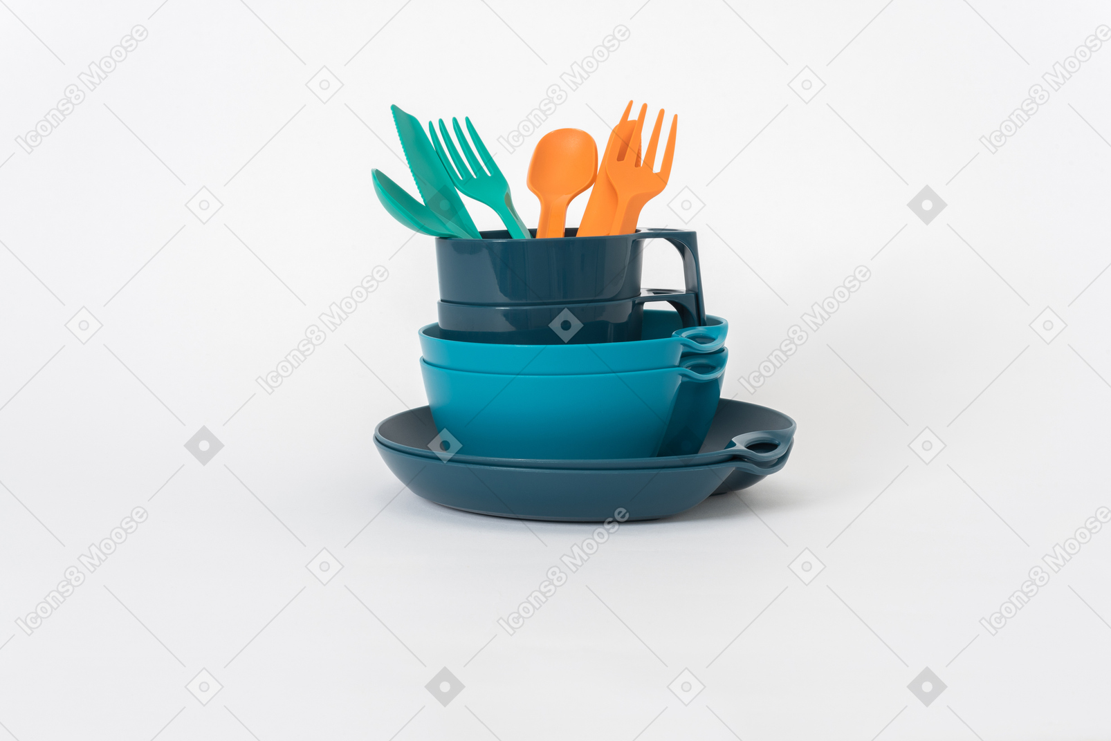Stack of plastic tableware on a white background