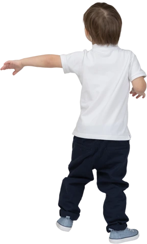 Back view of a boy with a hand put out to the left