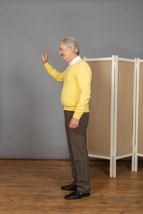 Side side view of a friendly old man greeting