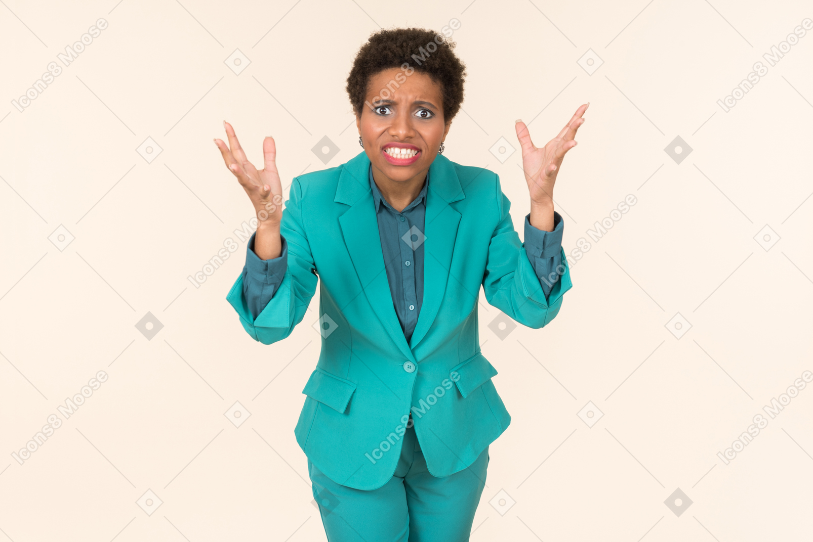 Black woman with a short haircut, wearing all blue, standing against a plain pastel background, looking emotional