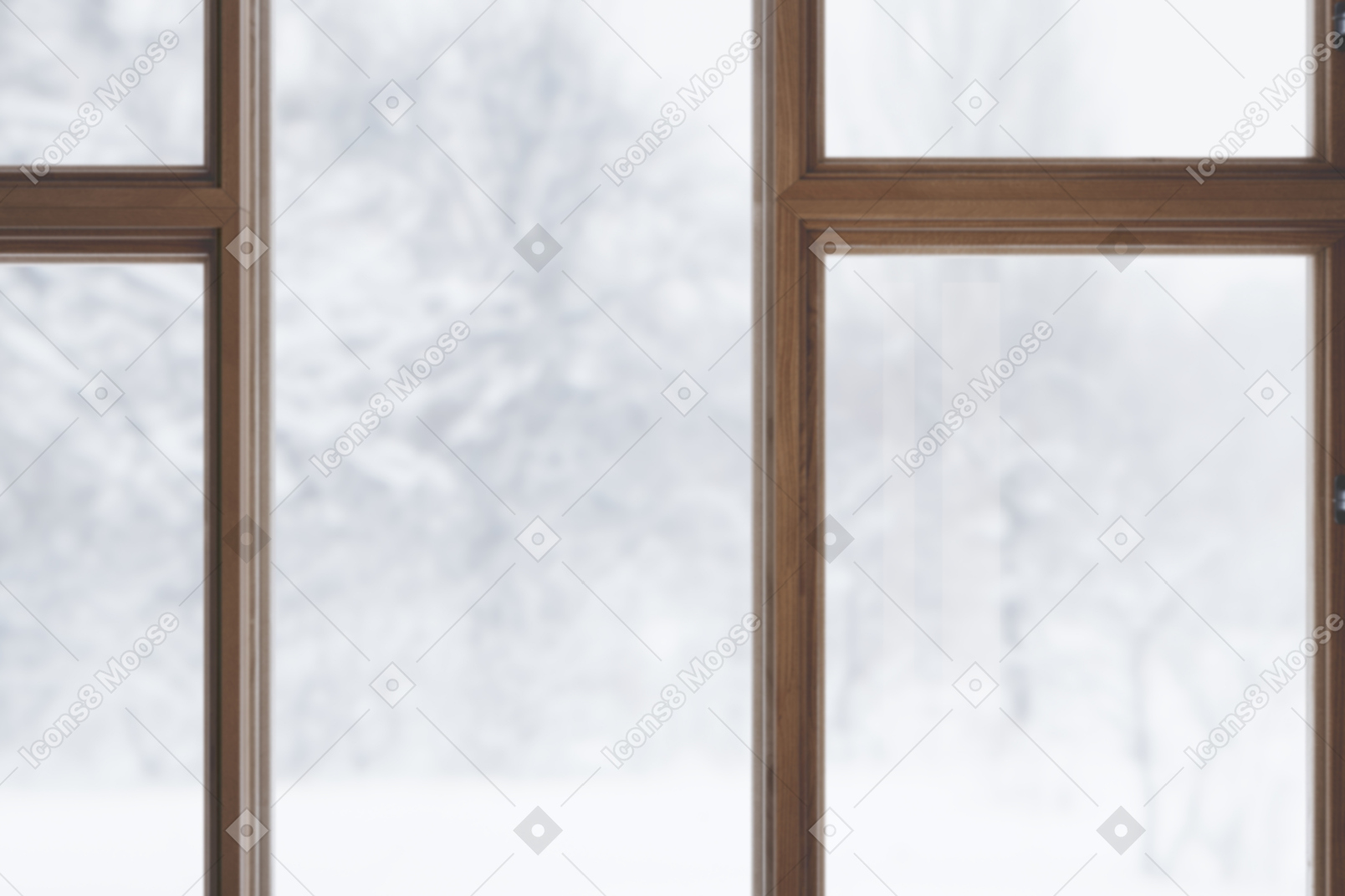 Окно со снежными деревьями снаружи