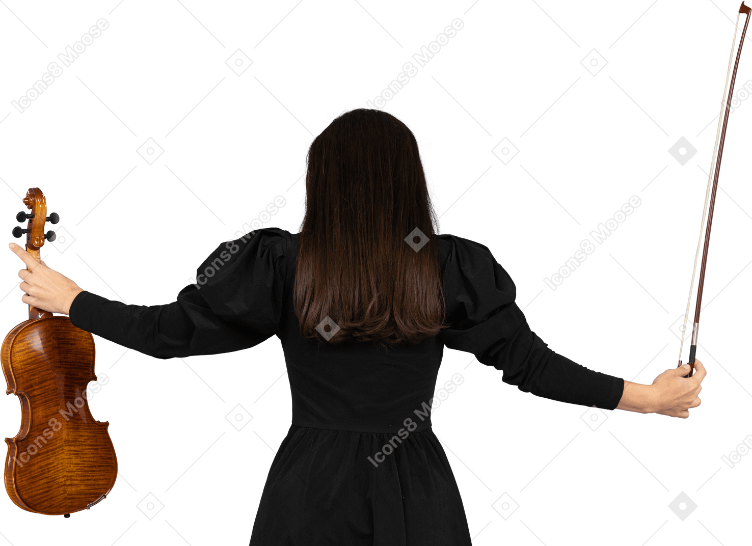 Vista posteriore di una suonatrice di violino in abito nero che allarga le mani