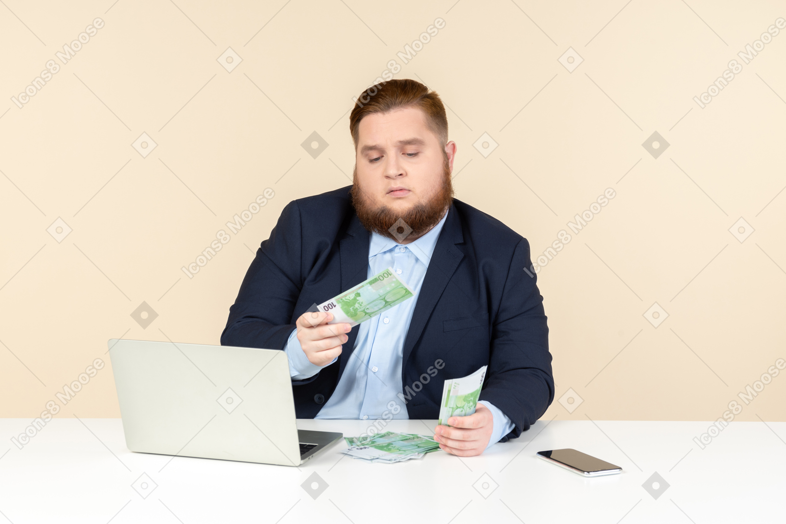 Young overweight man making sure money bills are real ones