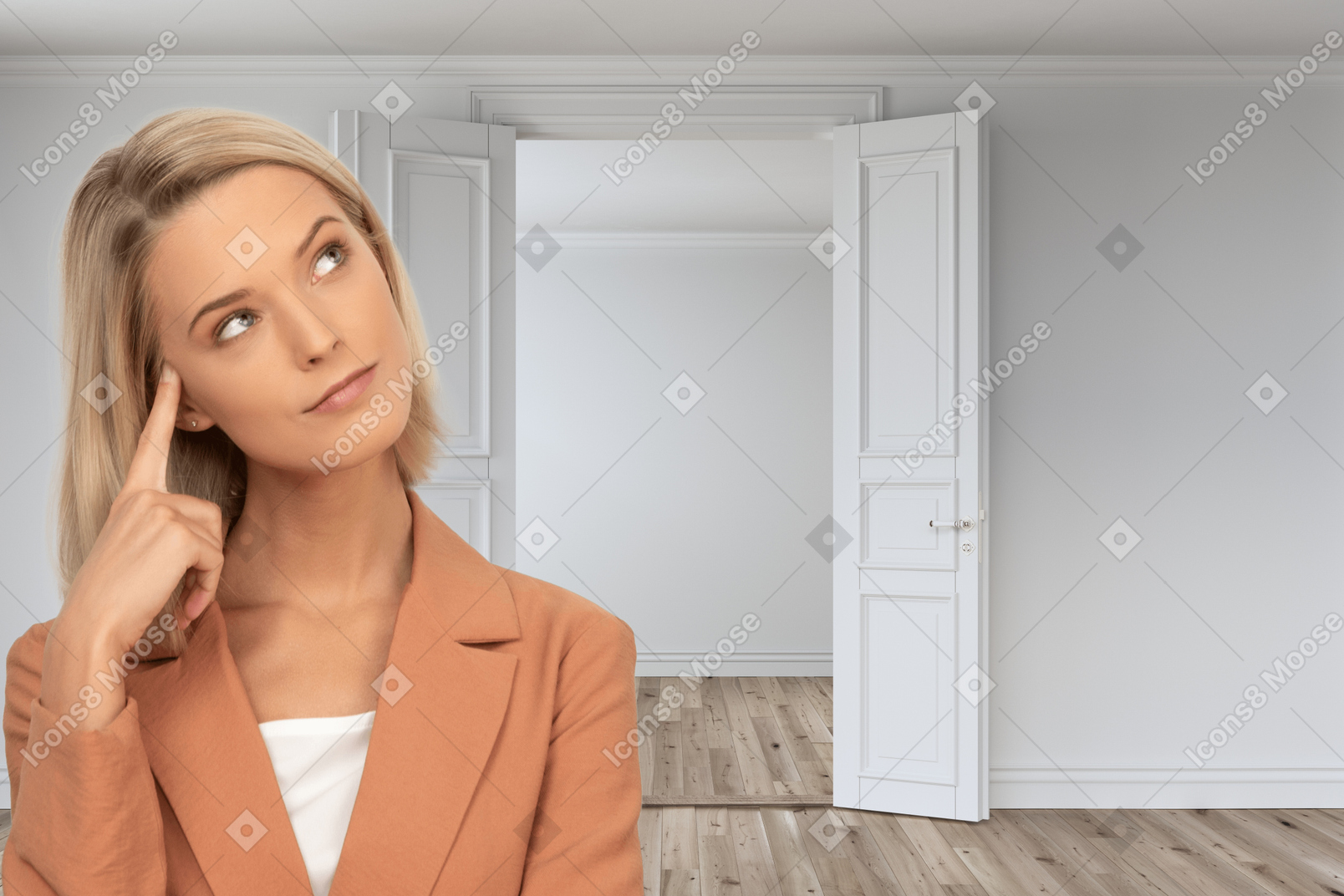 Portrait de femme réfléchie en salle blanche