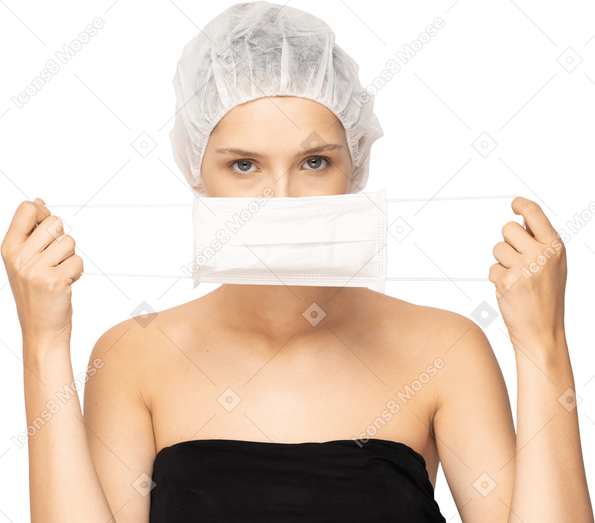 Woman putting on mask