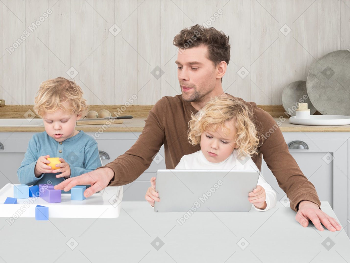 A man and two children playing with a tablet
