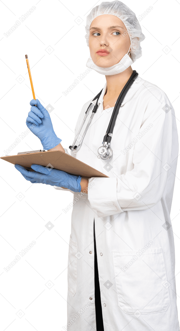 Vista de tres cuartos de una joven doctora desconcertado tomando notas en su tableta