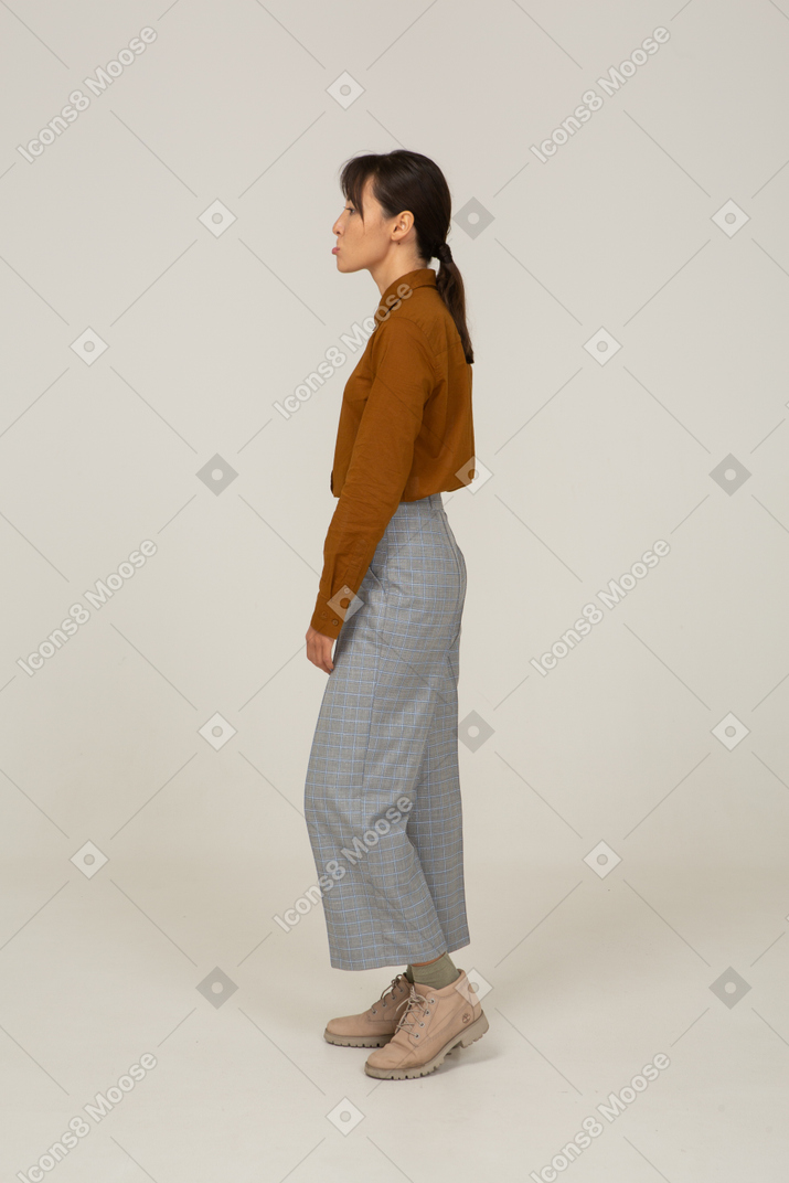 Vista laterale di una giovane donna asiatica imbronciata cattiva in calzoni e camicetta