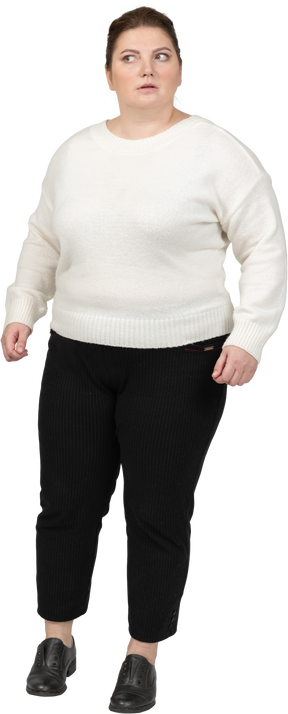 Surprised plus size woman in casual clothes standing
