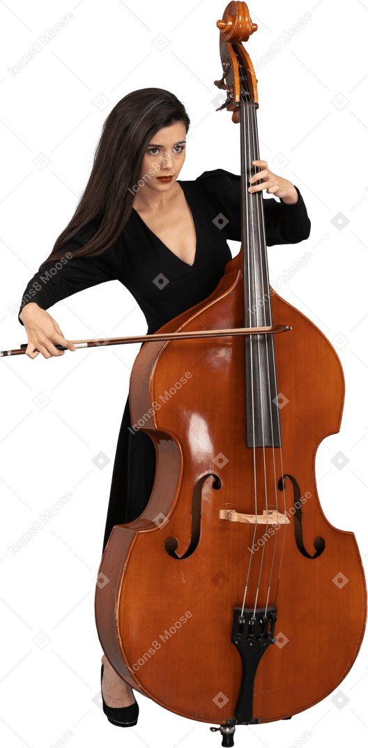 Front view of a young woman in black dress playing the double-bass with a bow