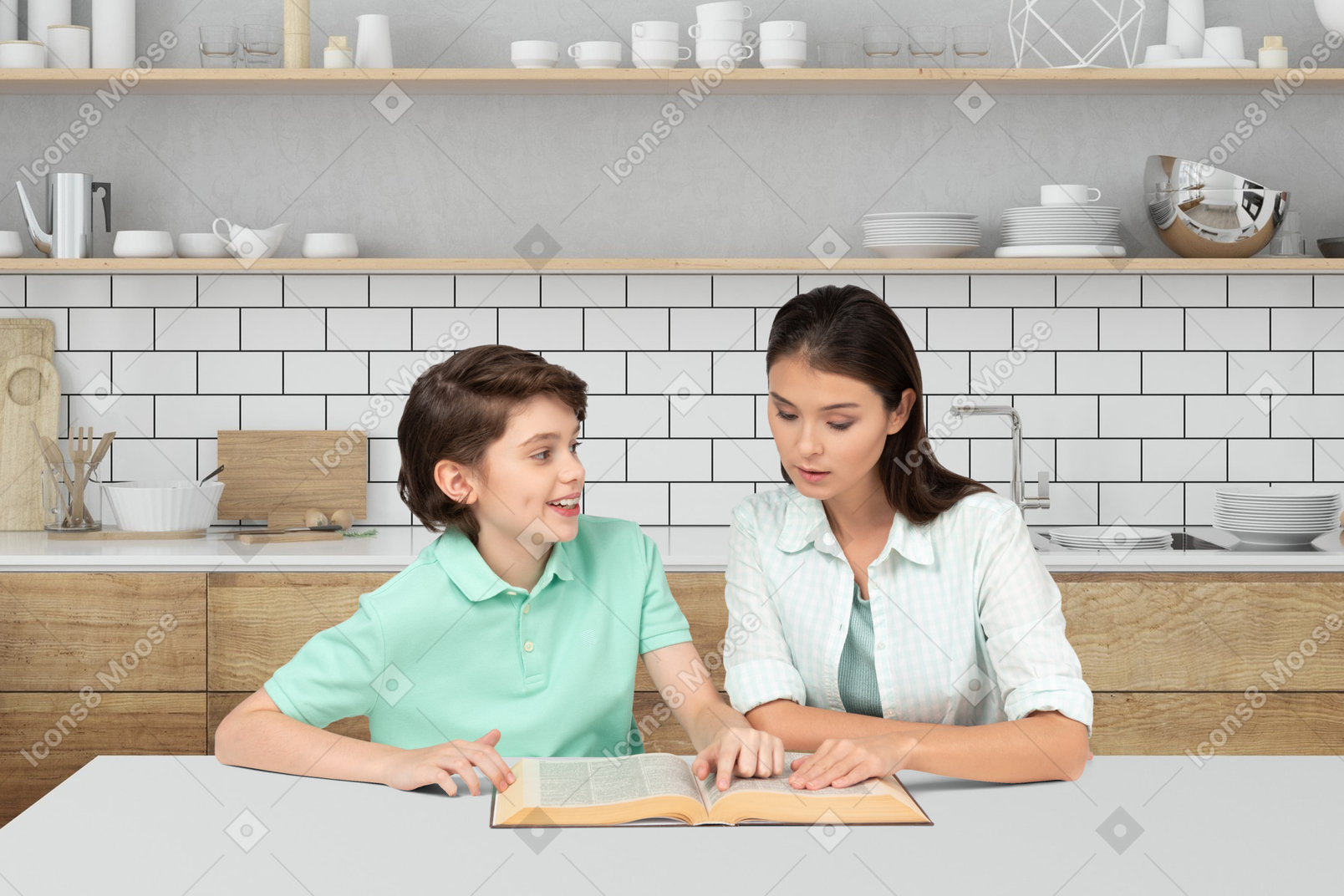 A woman and a boy reading a book in a kitchen