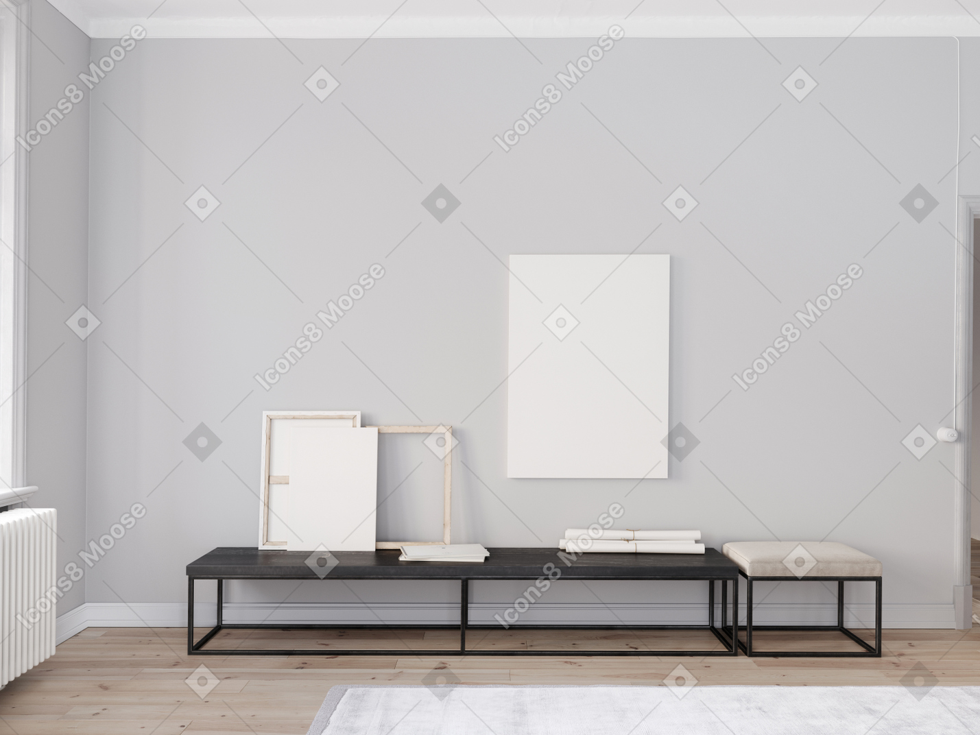 A room with blank canvases