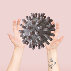 Hands holding coronavirus on a pink background