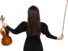 Back view of a female violin player in black dress  outspreading hands