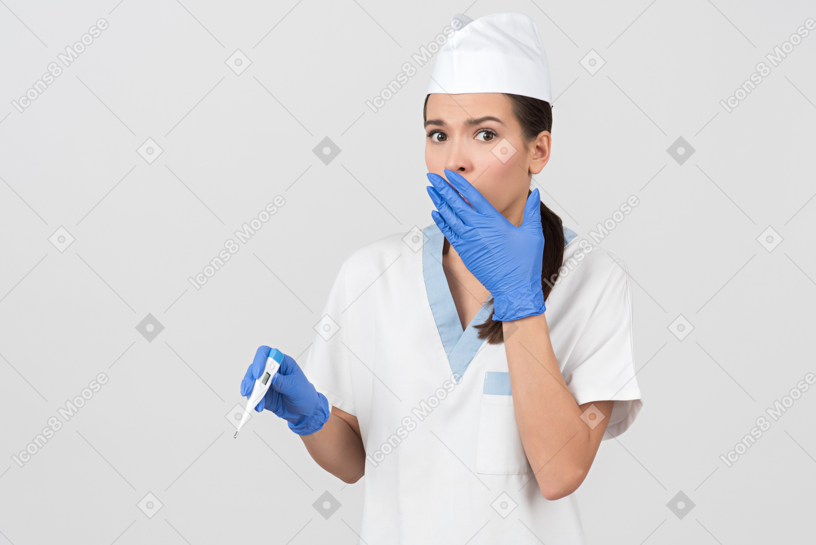Attractive nurse gasping at patient's temperature