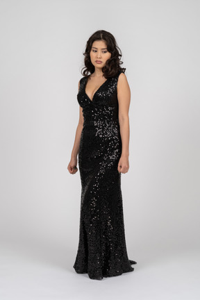 Woman wearing black evening dress