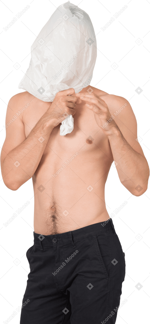 A fit young man with naked torso, putting a white plastic bag on his head