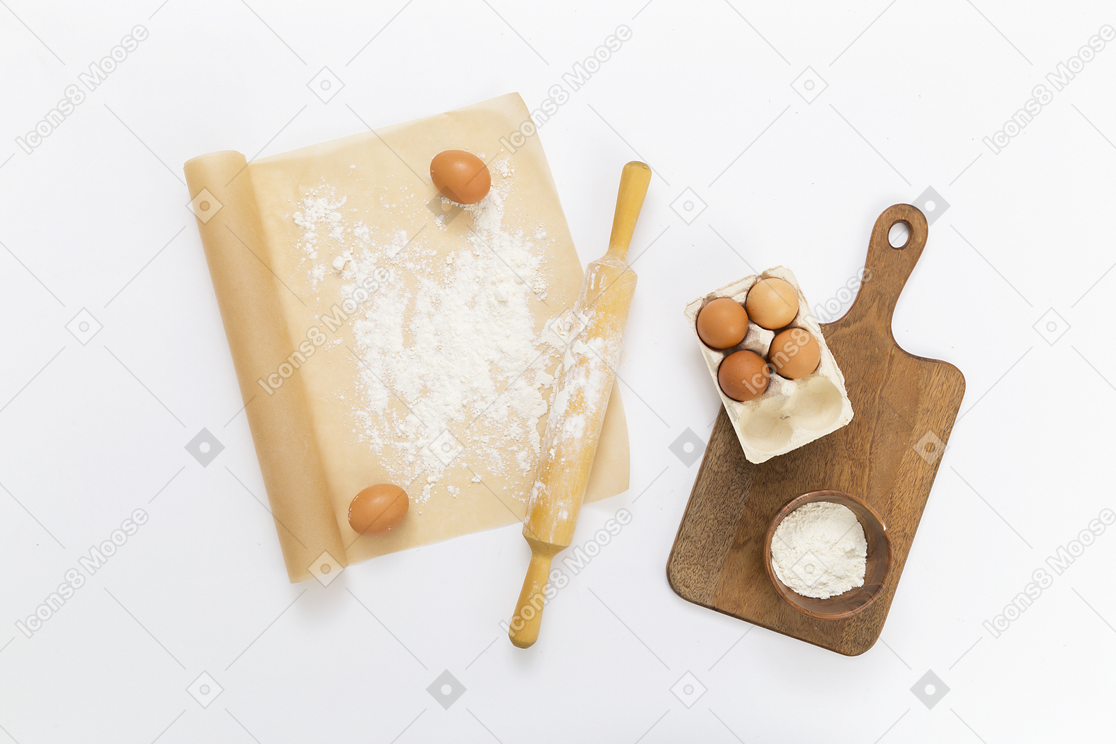 Papier sulfurisé, rouleau à pâtisserie, œufs et planche à découper