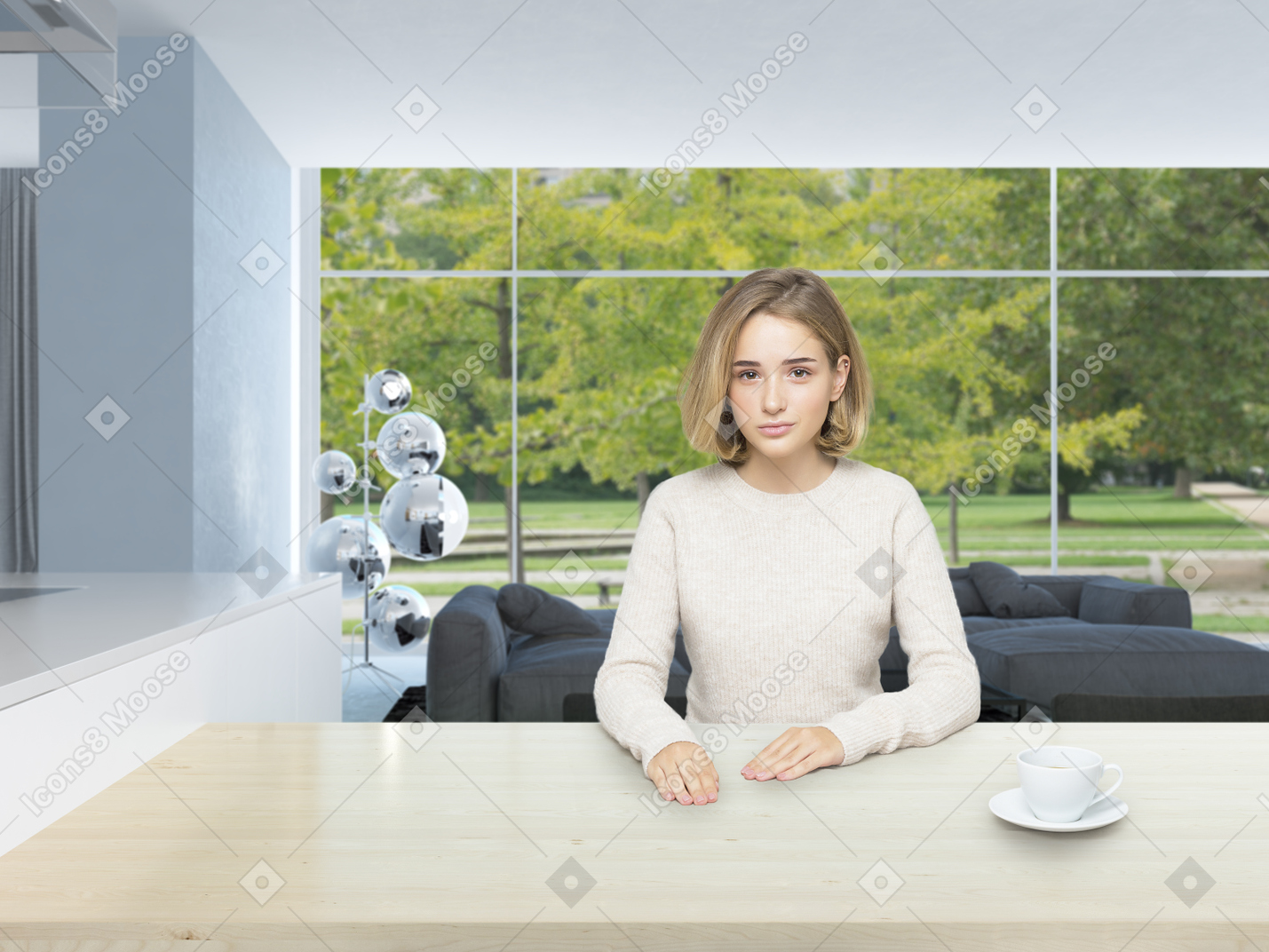 A pretty young woman in a beige sweater, drinking coffee in a bright modern living room, looking shy and unsure