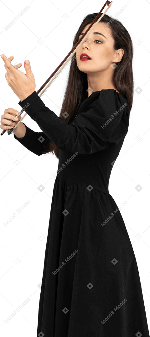 一位身穿黑色连衣裙的年轻女士的四分之三视图，给人一种拉小提琴的印象