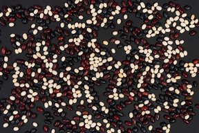 Multicolored beans scattered on black background