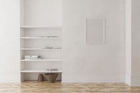 A minimalist white living room with books and  wicker baskets