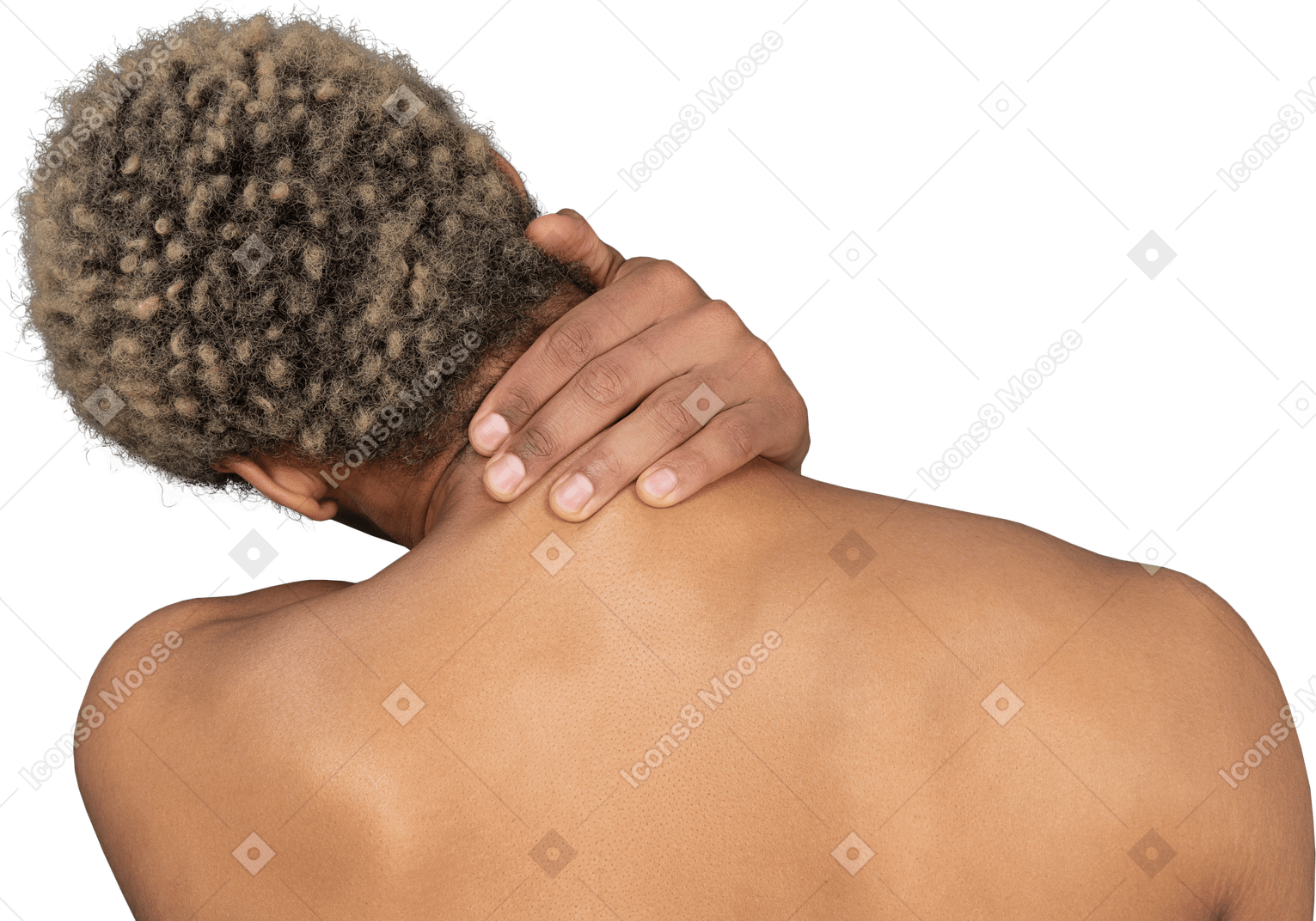 Back view of a shirtless afro man touching his neck