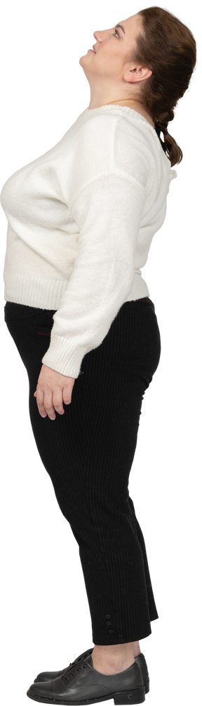 Side view of plus size woman in casual clothes