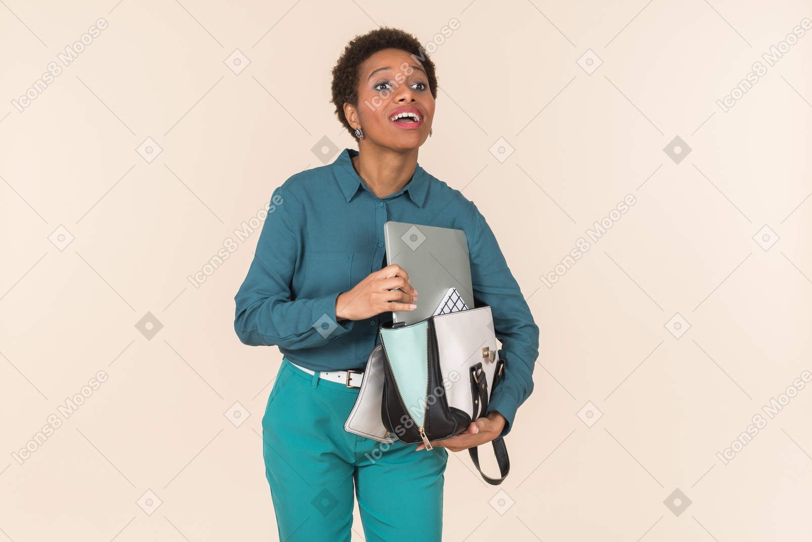 Holding bag and papers young woman looks like in a hurry