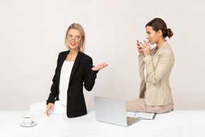 Coworkers girls talking business and girls' stuff