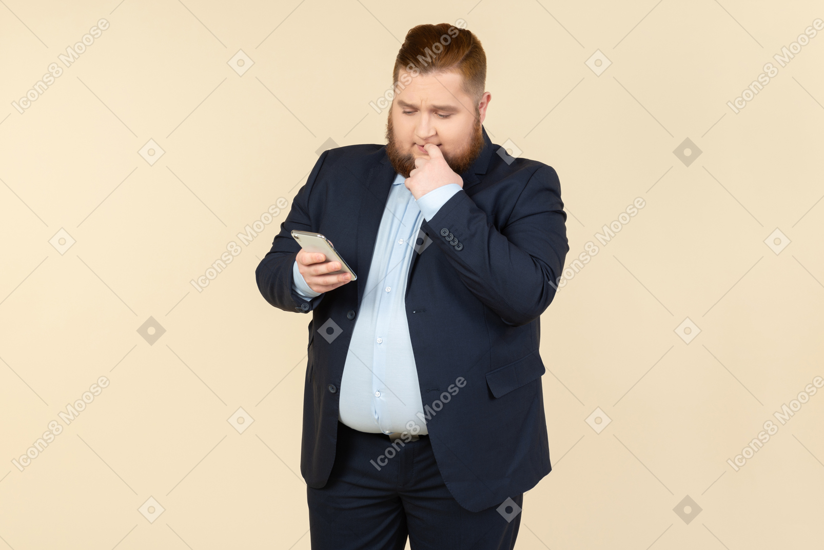 Doubtful young overweight man holding smartphone