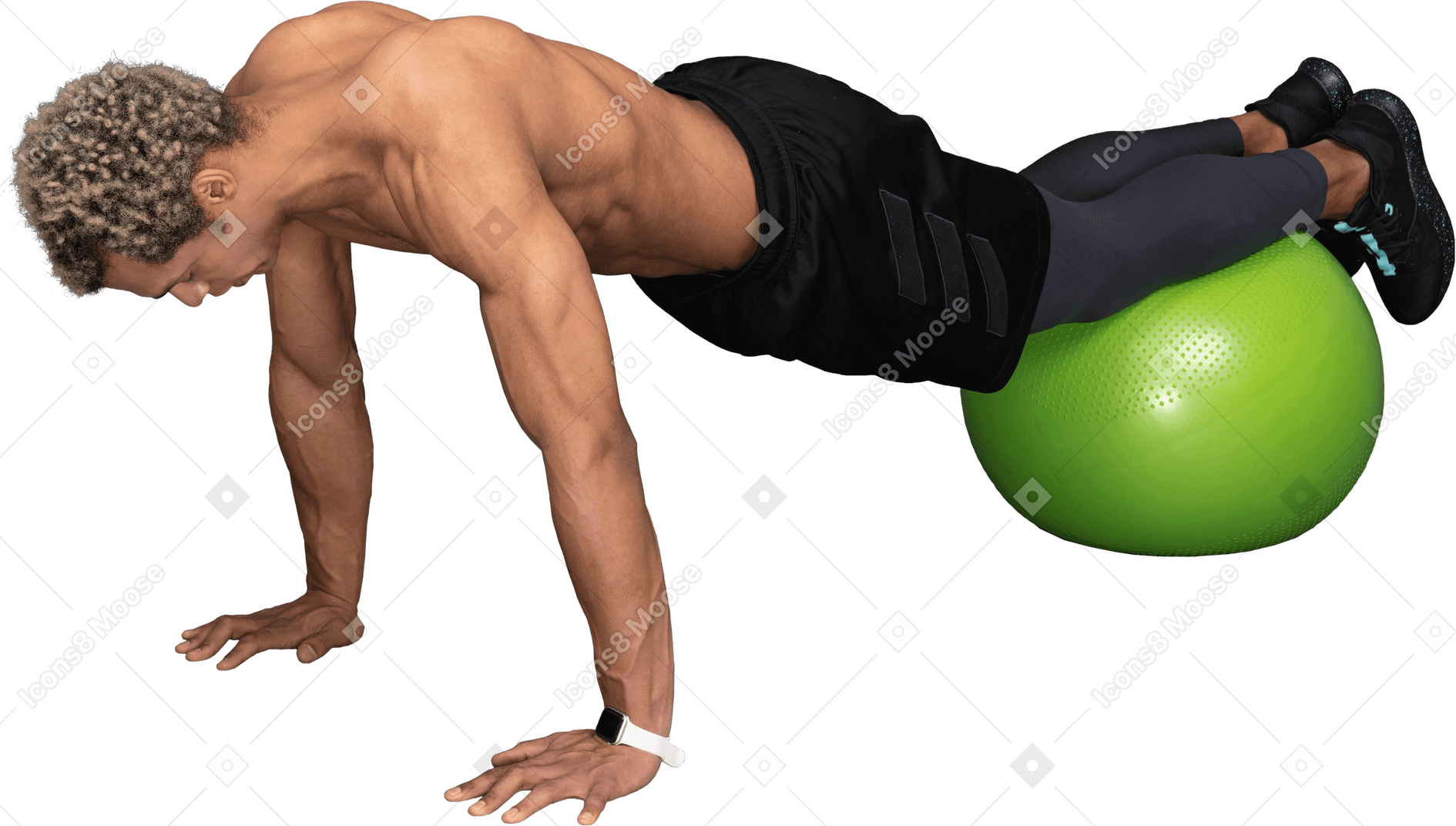 一个赤膊上阵的非洲人在健身球上做俯卧撑的四分之三视图