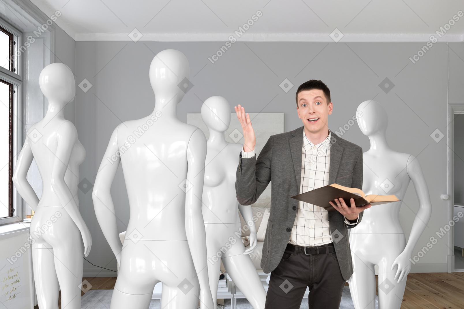 A man standing in front of a group of mannequins