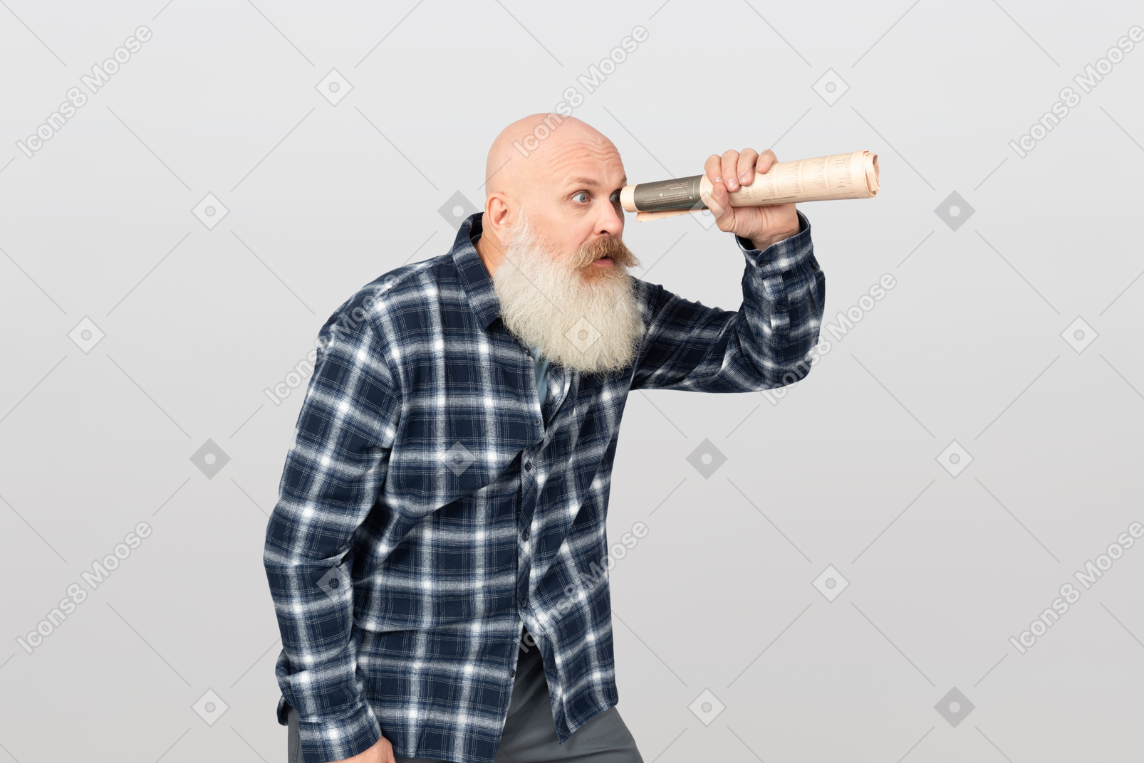 Bearded man looking through a paper tube