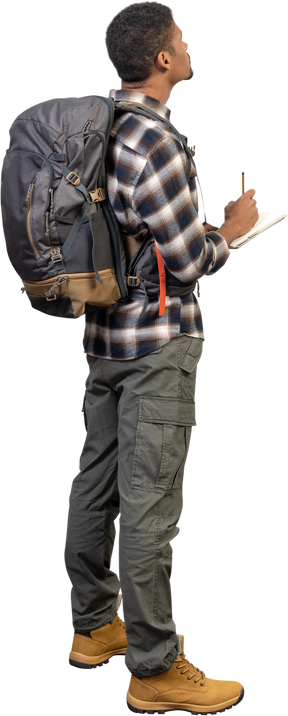 Three-quarter back view of a tourist with a backpack and a notepad