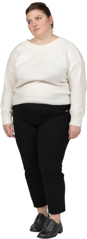 Tired plump woman in casual clothes