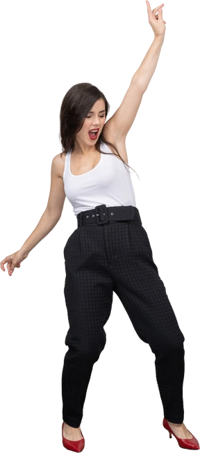 Full-length of a young female in office clothing screaming and raising hand