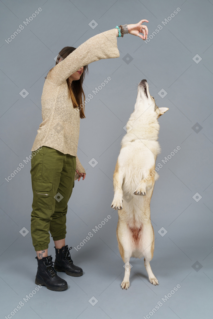 Full-length of a female doctor training her dog