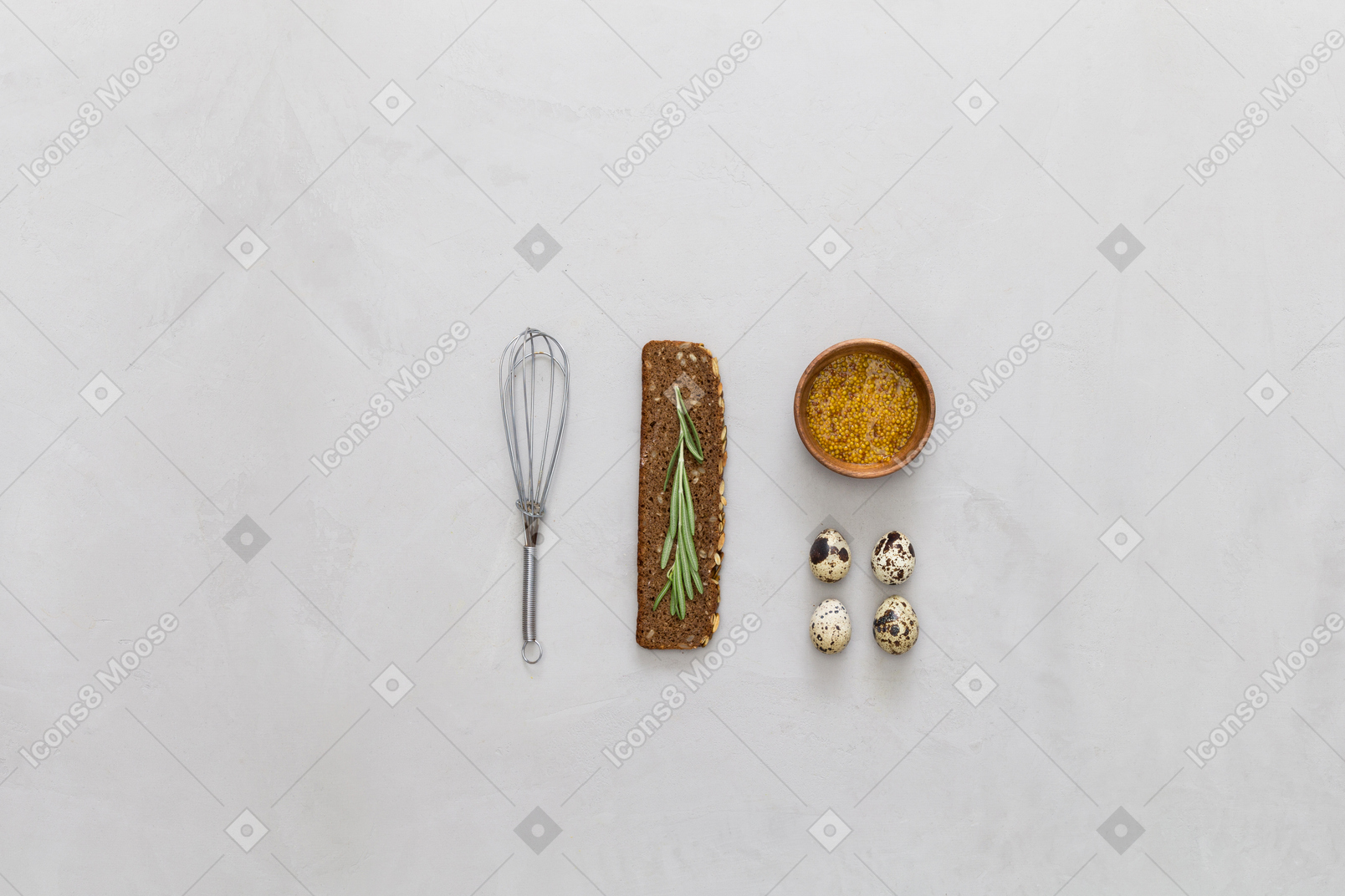 Snack, quail eggs, spices and wire whisk