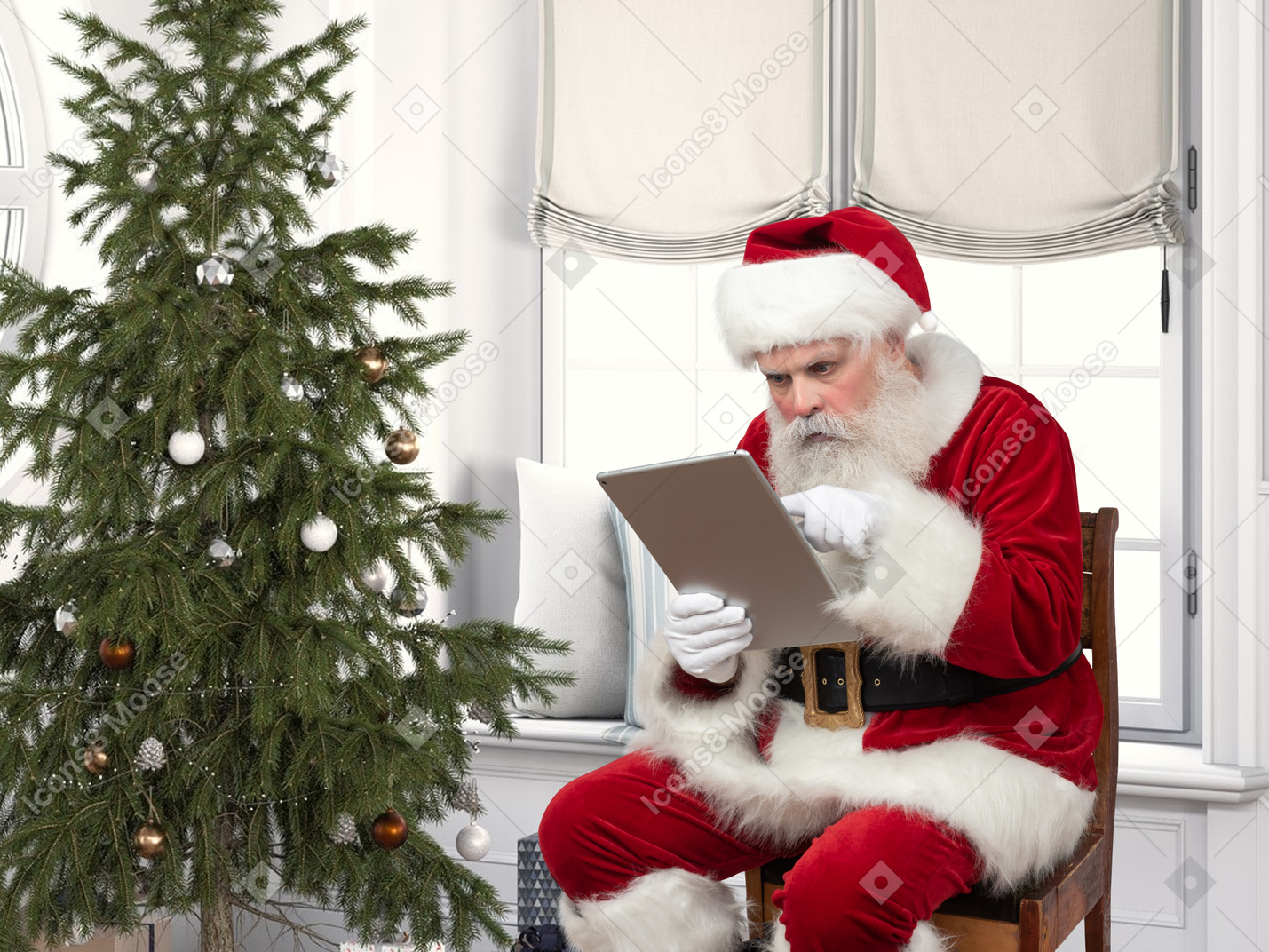 Santa reading gift list under a christmas tree